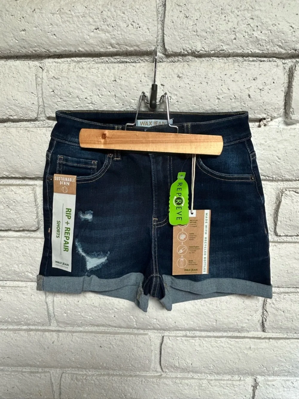 Wax Jean Rip+Repair Junior Girl Denim Shorts Dark Wash Distressed Cuffed Size S